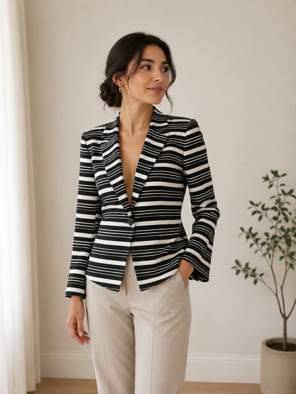 Reitmans Black & White Striped Women's Blazer - Single-Button Tailored Jacket